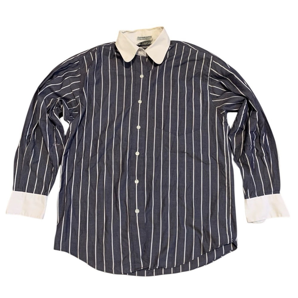 VINTAGE Tabi International Navy White Stripe Contrast Collar French Cuff Shirt S